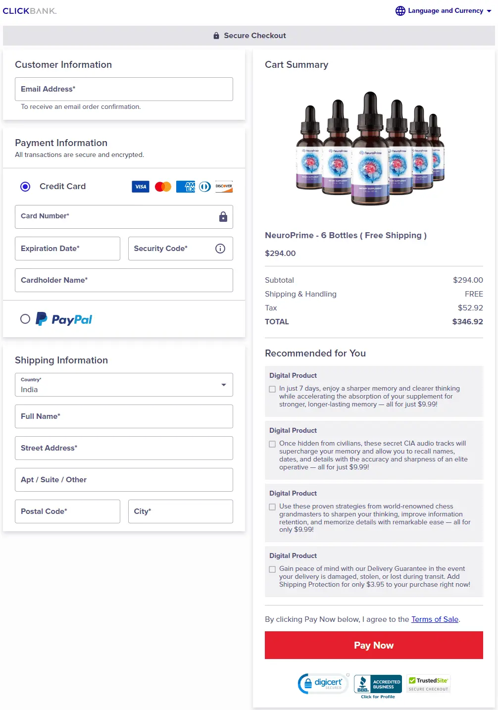 Neuroprime Checkout Page